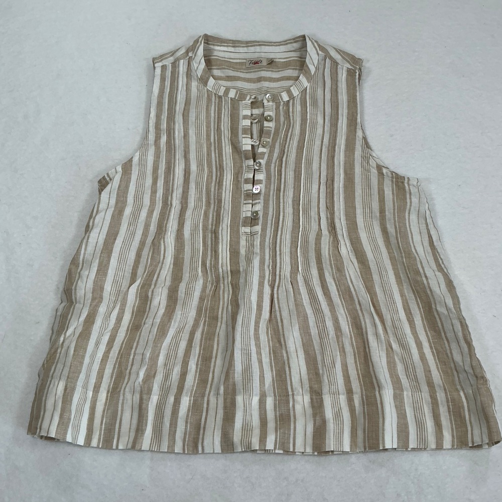 Faherty Womens Linen Sleeveless Striped Henley Tank Top Tan White Size M